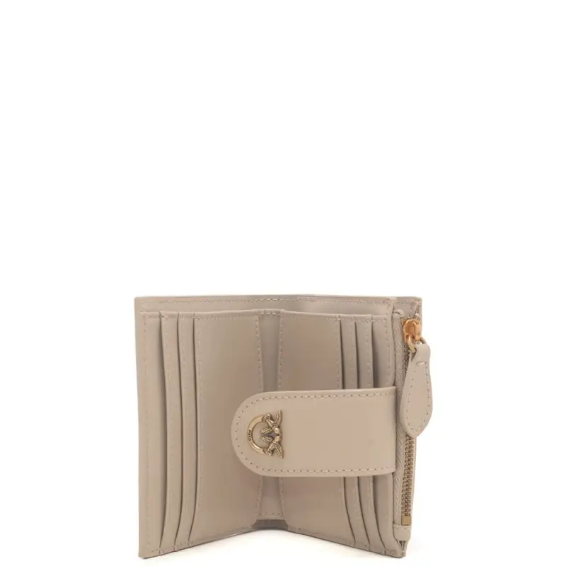 portacarte da donna in vera pelle con zip e bottone automatico beige grigio miniatura 3