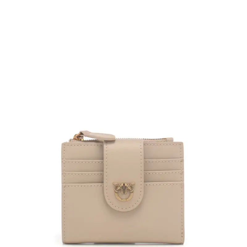 portacarte da donna in vera pelle con zip e bottone automatico beige grigio