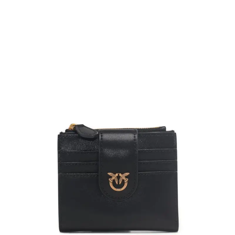 Pinko portacarte da donna in vera pelle con zip e bottone automatico nero e oro