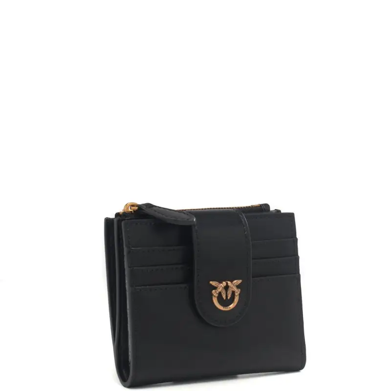 Pinko portacarte da donna in vera pelle con zip e bottone automatico nero e oro miniatura 2