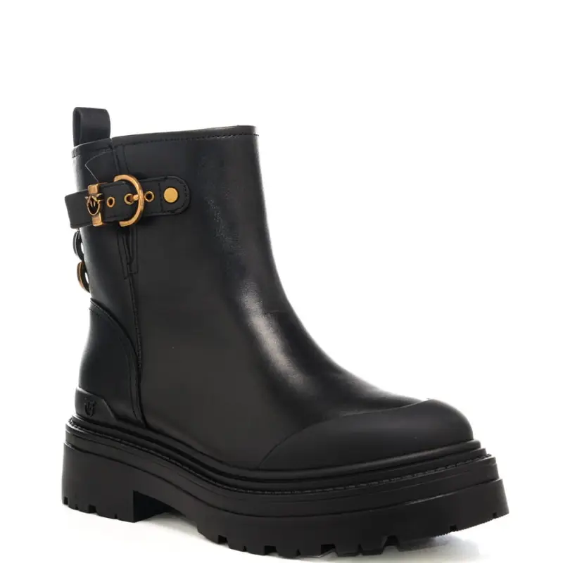 stivali bassi da donna in vera pelle con fibbia regolabile logata sulla parte alta neri miniatura 2