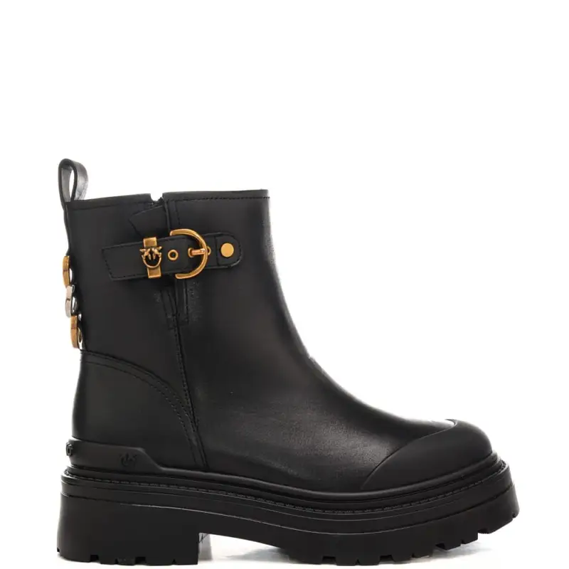 stivali bassi da donna in vera pelle con fibbia regolabile logata sulla parte alta neri