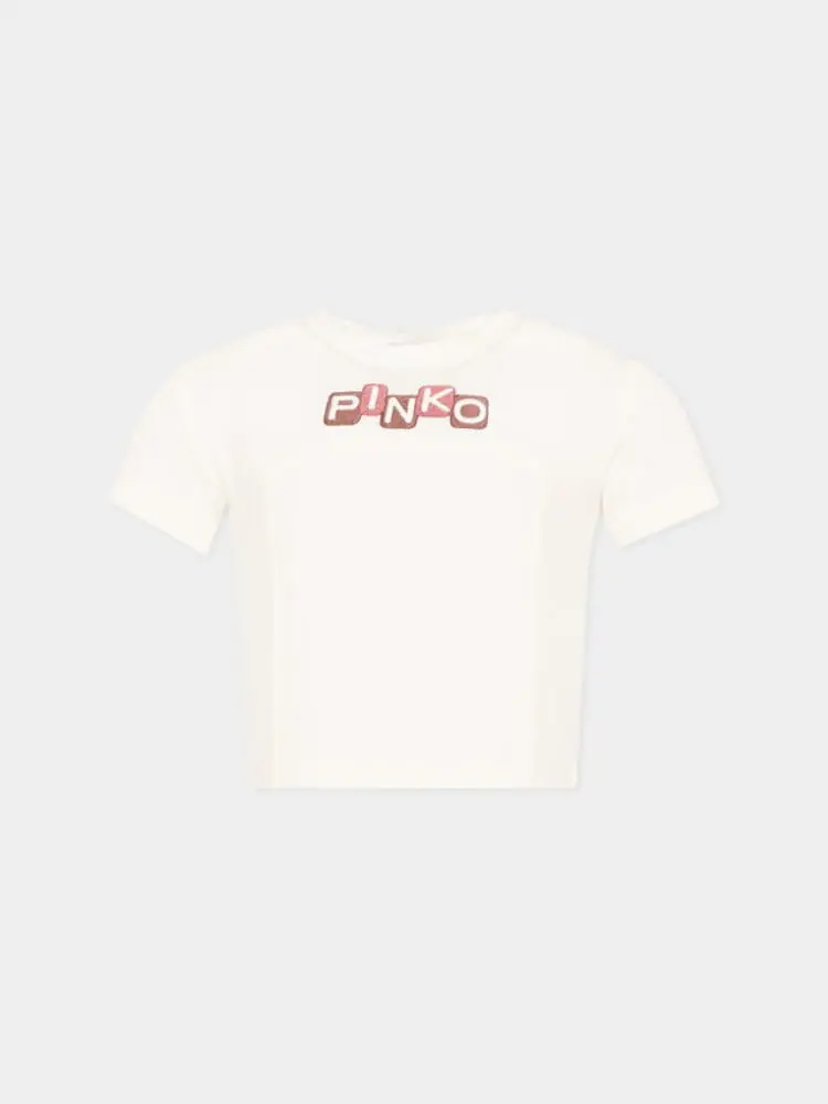 t-shirt cropped kids/junior in cotone bianco con ricamo logo