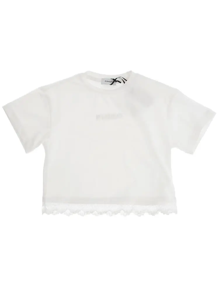 t-shirt kids/junior cropped con bordo pizzo e ricamo
