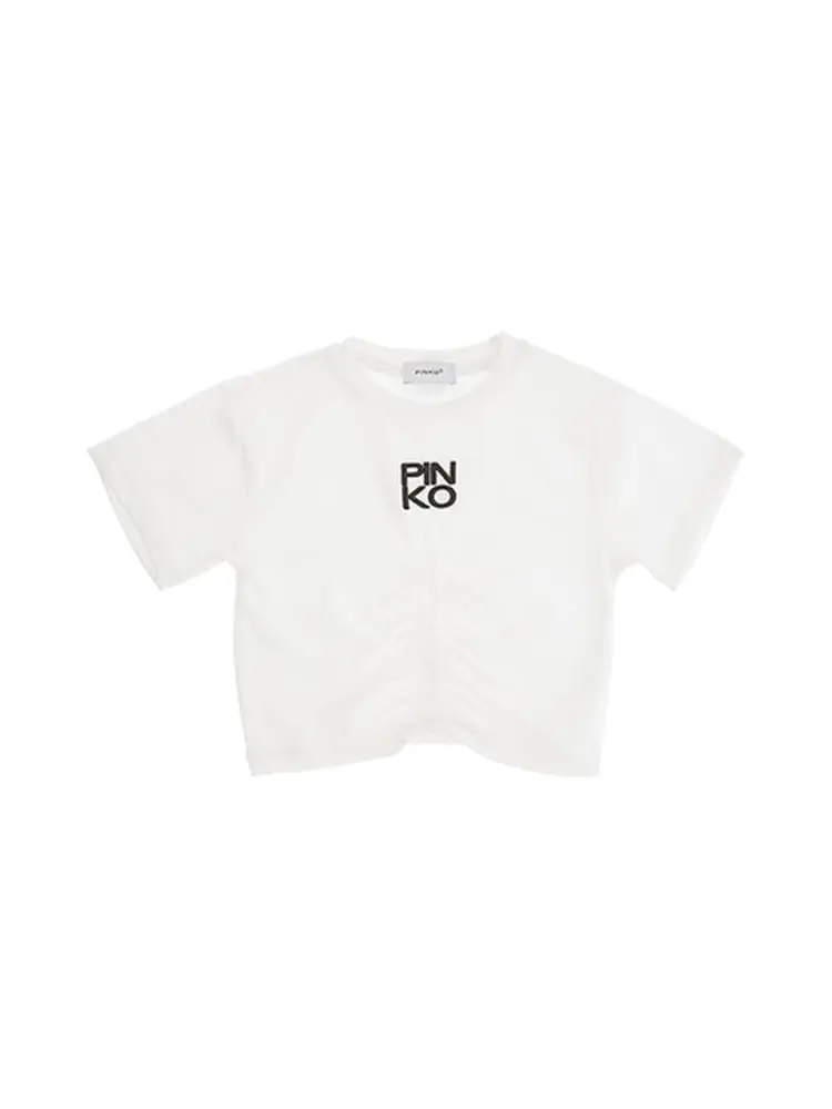 t-shirt kids/junior cropped in cotone bianco con ricamo in contrasto