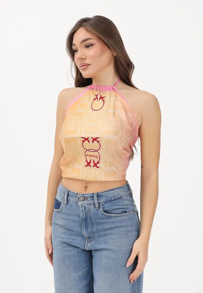 Top arancione e rosa da donna con logo all-over