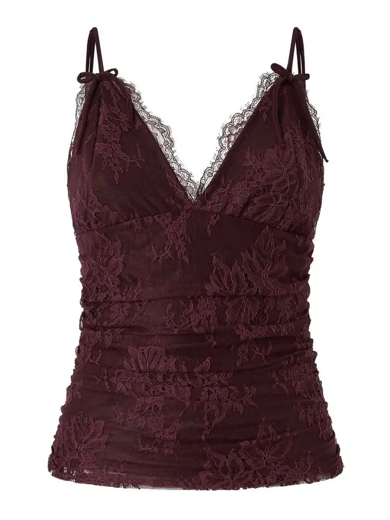 Top con scollo a V in pizzo floreale bordeaux Rosso Scuro