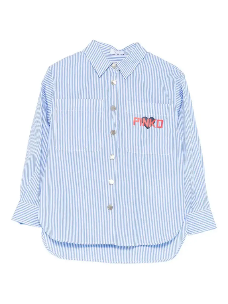 Camicia azzurra a righe con stampa logo Bianco