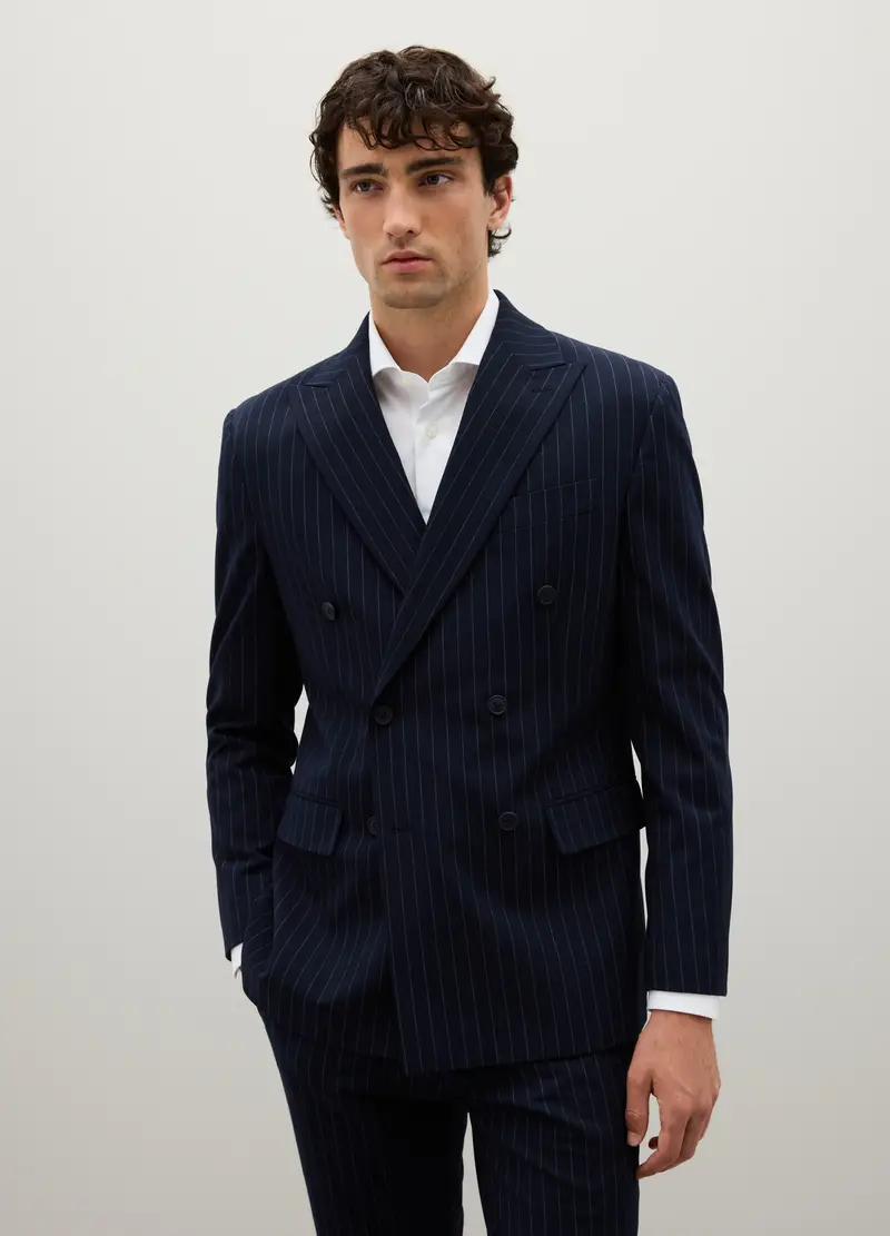 Abito Gessato Blu Scuro In Misto Viscosa Regular Fit, Uomo, Blu miniatura 3