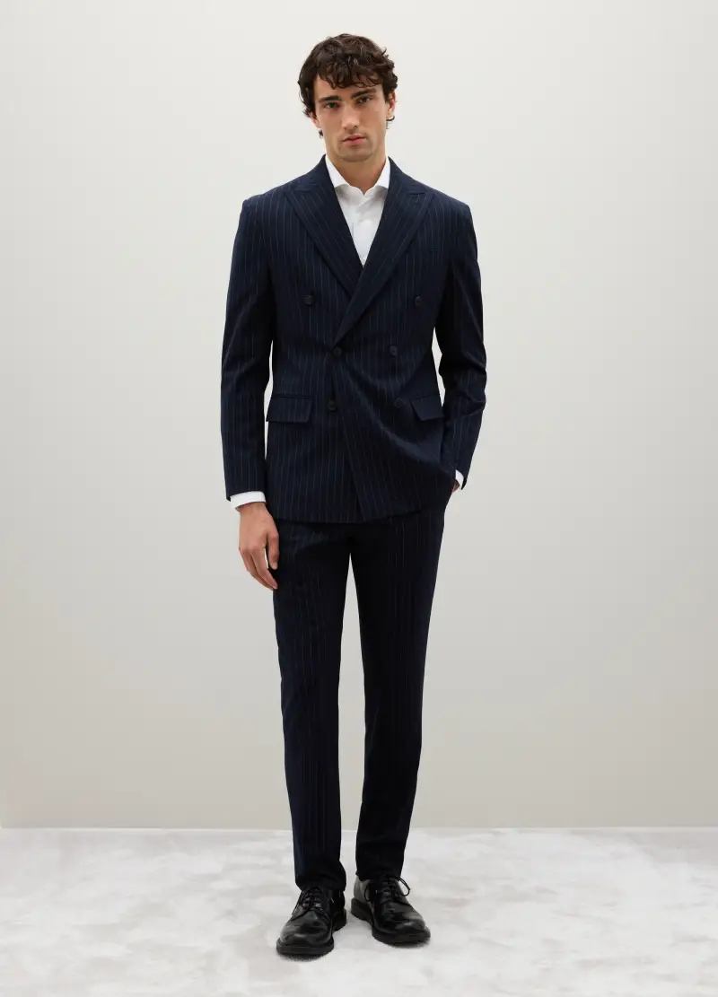 Abito Gessato Blu Scuro In Misto Viscosa Regular Fit, Uomo, Blu