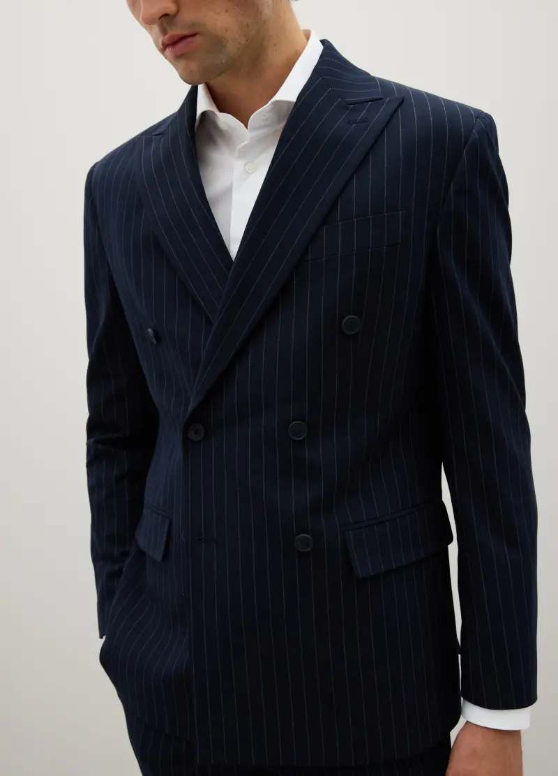 Abito Gessato Blu Scuro In Misto Viscosa Regular Fit, Uomo, Blu miniatura 2