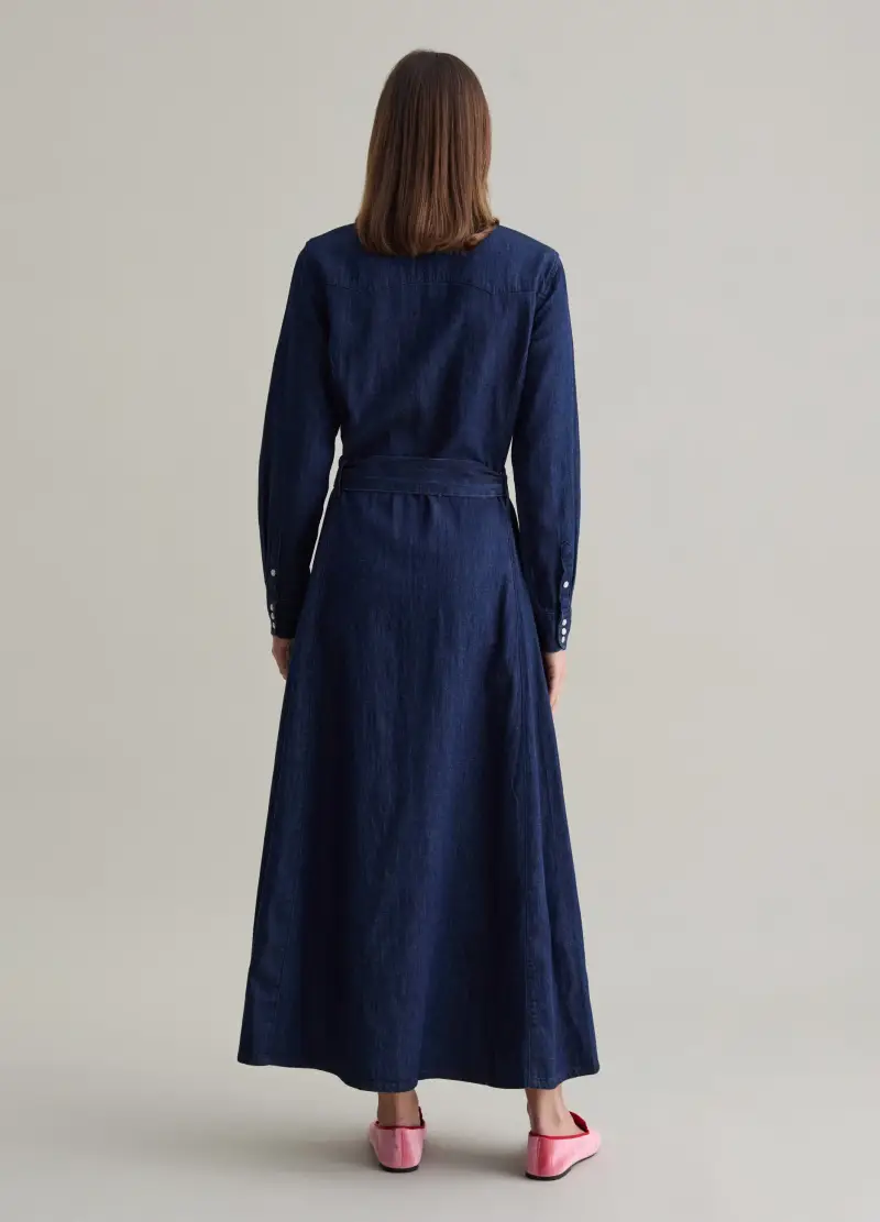 Abito Lungo Chemisier In Denim Con Cintura, Donna, Denim miniatura 3