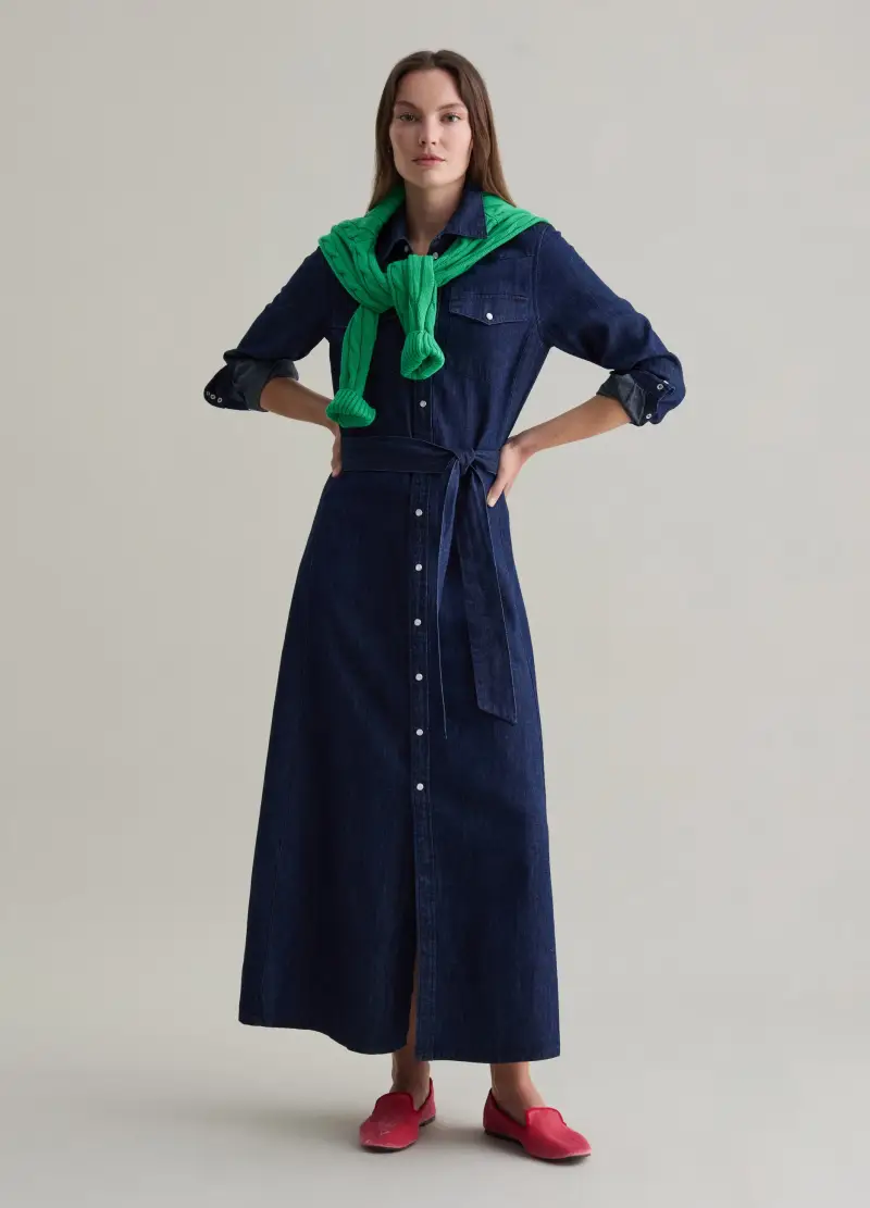 Abito Lungo Chemisier In Denim Con Cintura, Donna, Denim