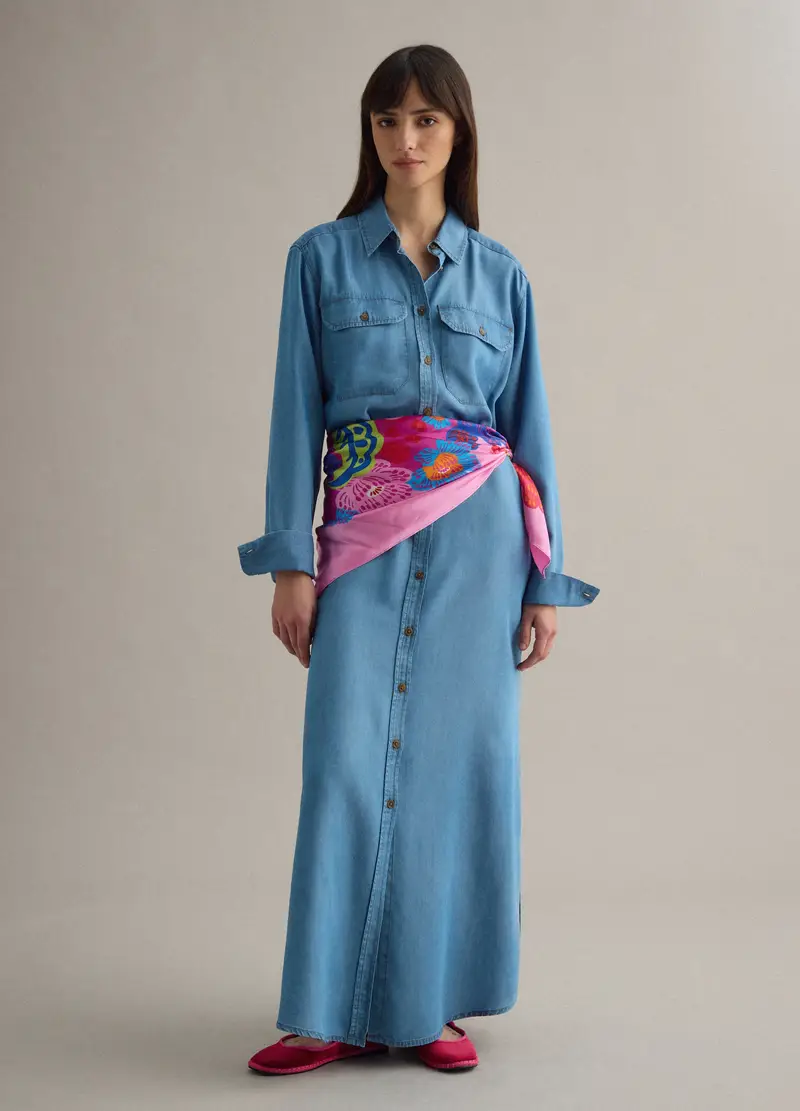 Abito Lungo In Puro Lyocell Denim Blu Regular Fit Con Cintura, Donna, Denim