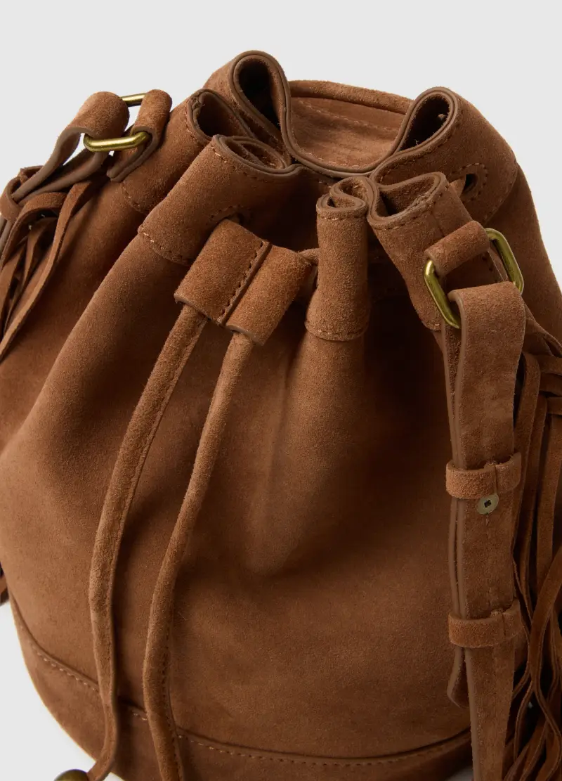 Borsa In Vera Pelle Marrone Con Frange, Donna, Marrone miniatura 2