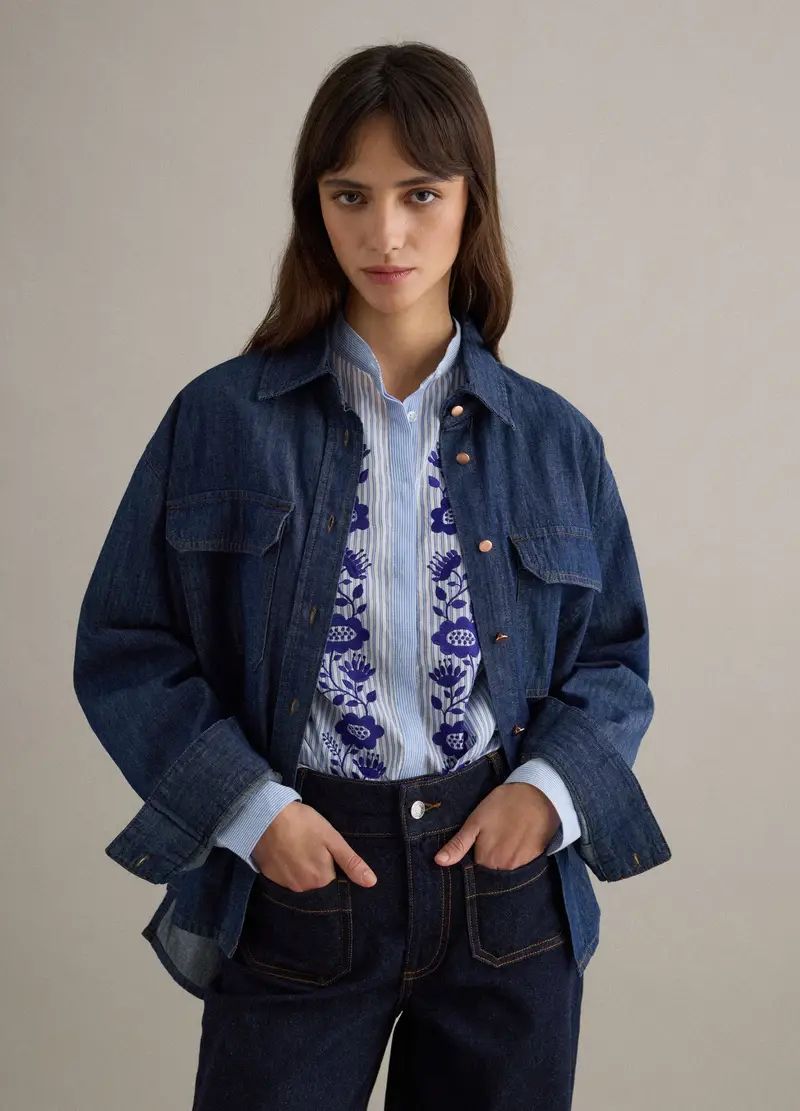 Camicetta In Puro Cotone Denim Blu Regular Fit, Donna, Blu miniatura 3