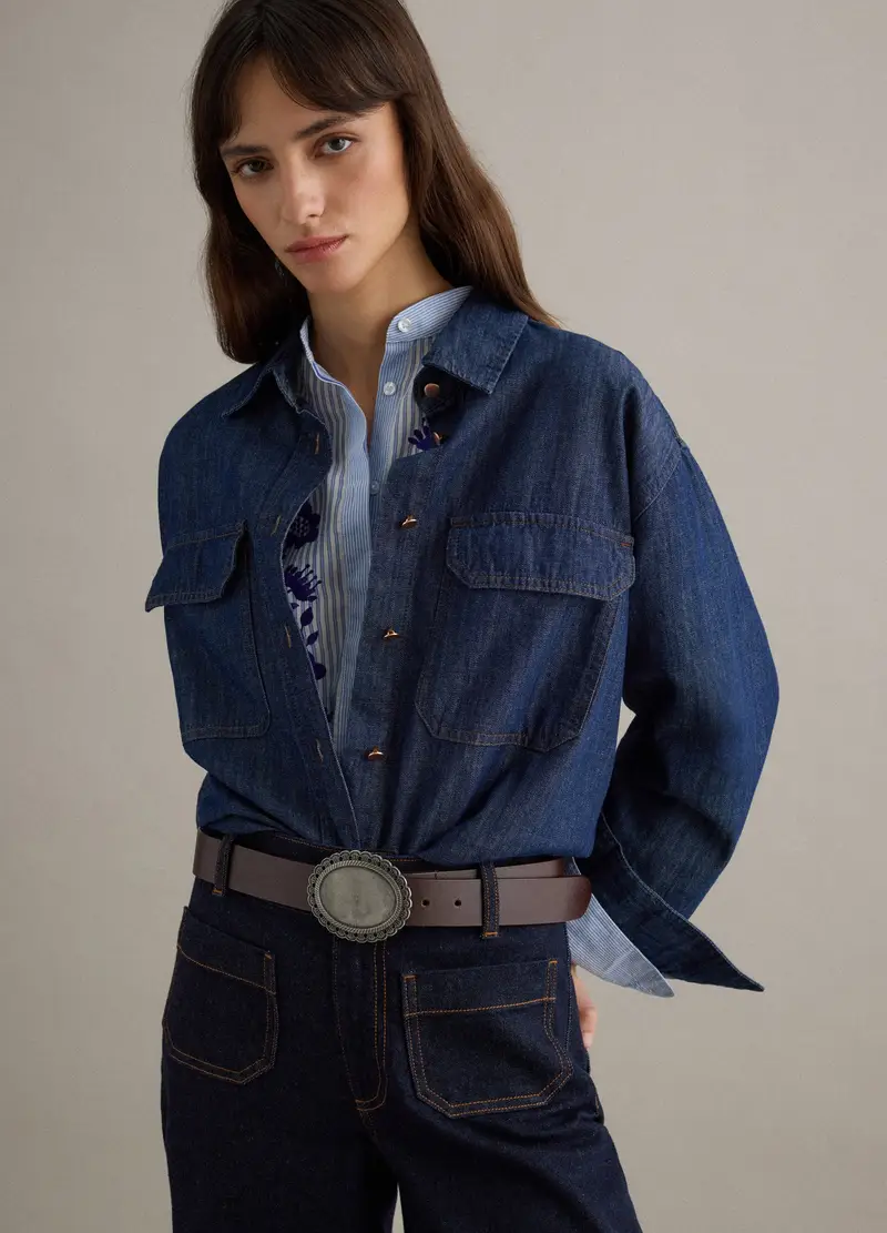 Camicetta In Puro Cotone Denim Blu Regular Fit, Donna, Blu