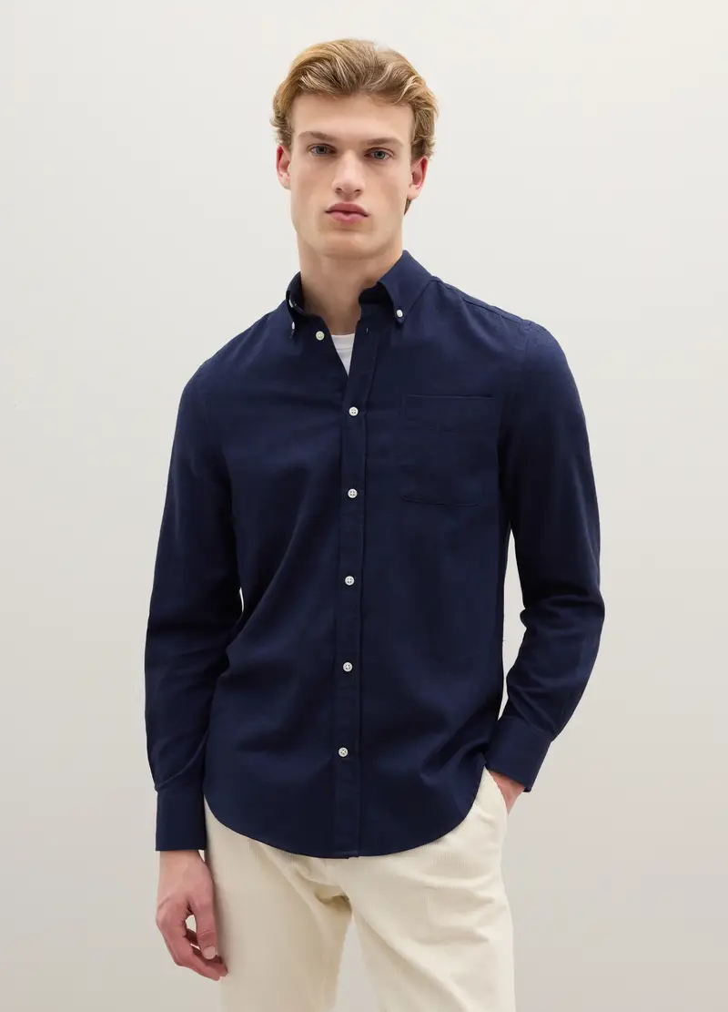 Camicia A Maniche Lunghe Blu In Puro Cotone Flanella Regular Fit, Uomo, Blu miniatura 2
