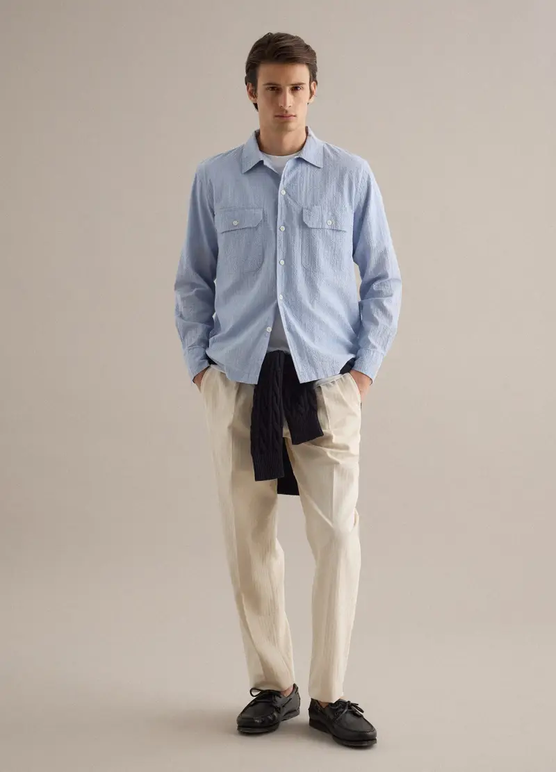 Camicia A Maniche Lunghe In Cotone Elasticizzato Azzurra Regular Fit, Uomo, Azzurro