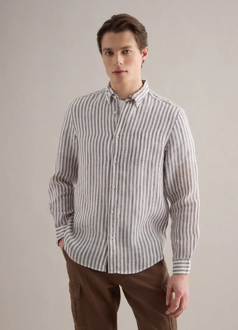 Camicia A Maniche Lunghe In Puro Lino A Righe Multicolor Regular Fit, Uomo, Multicolor miniatura 3