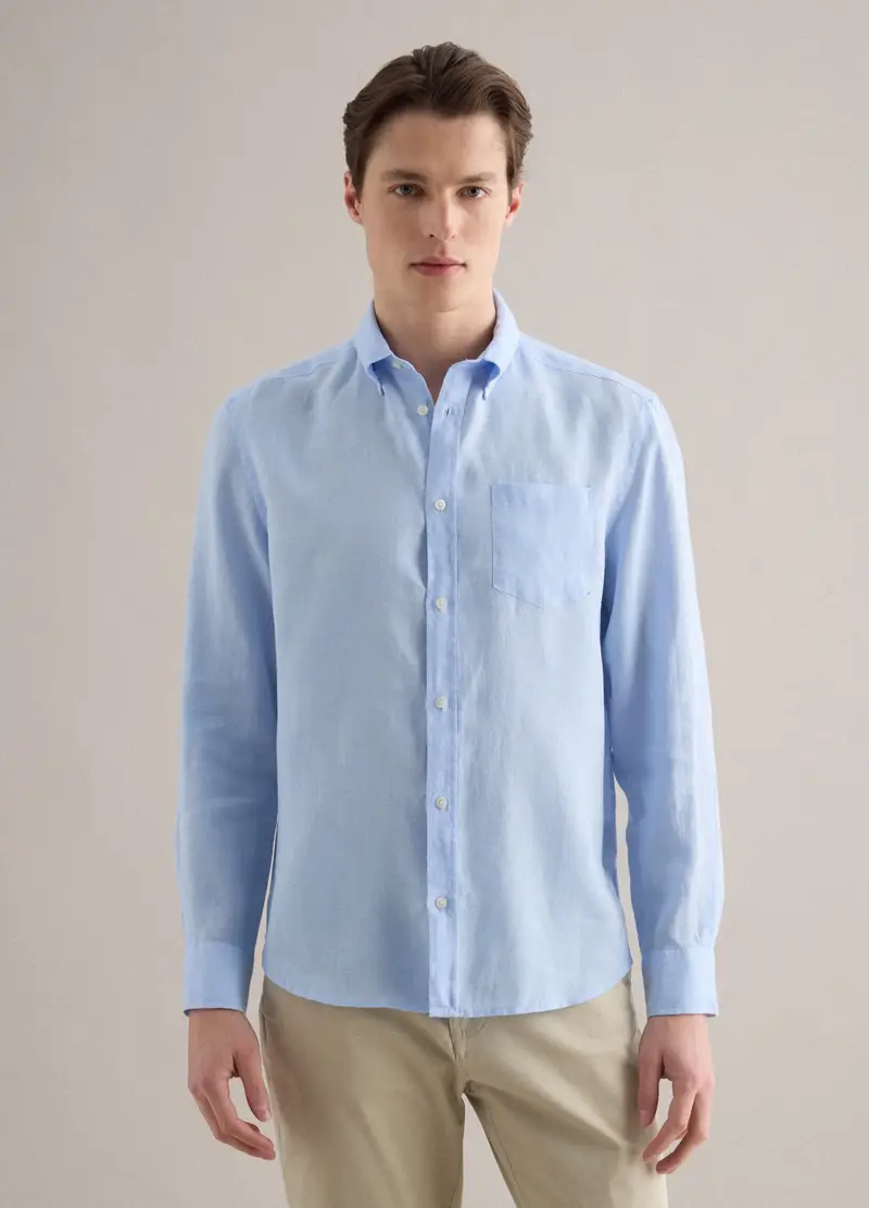 Camicia A Maniche Lunghe In Puro Lino Azzurra Regular Fit, Uomo, Azzurro