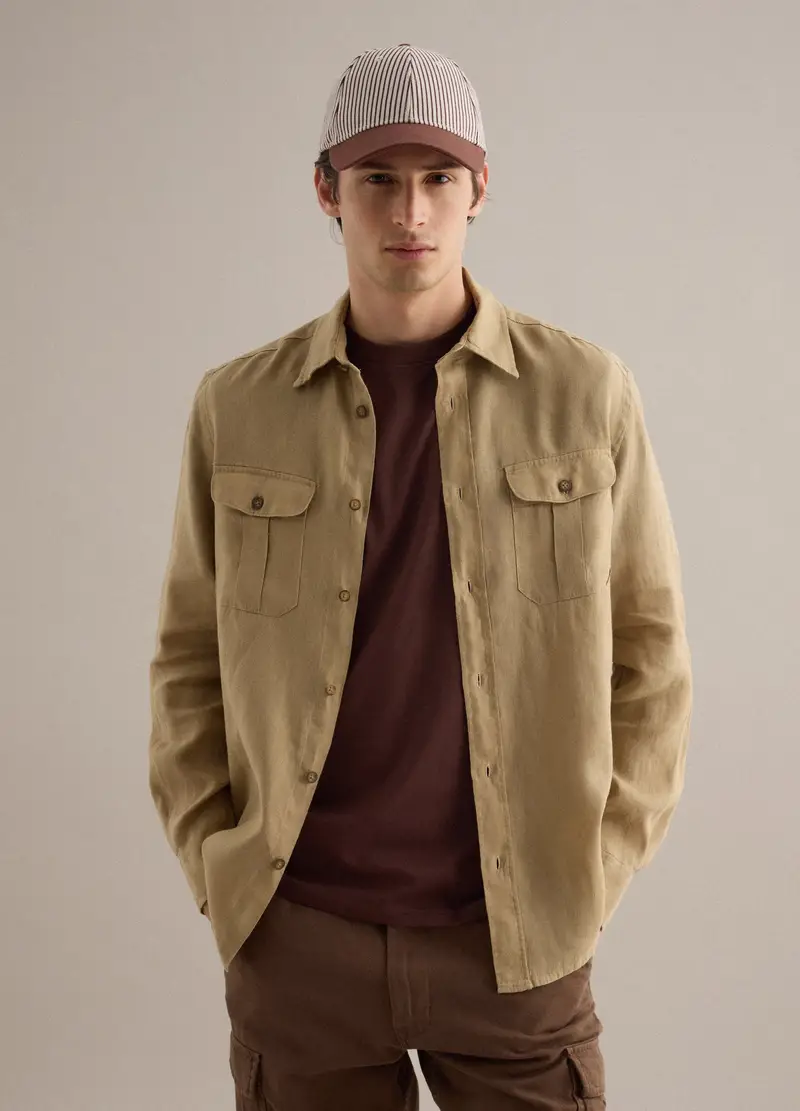 Camicia A Maniche Lunghe In Puro Lino Beige Regular Fit, Uomo, Beige miniatura 2