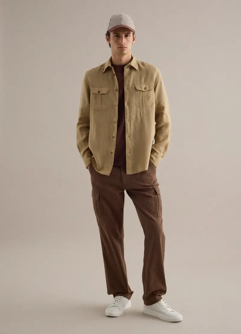 Camicia A Maniche Lunghe In Puro Lino Beige Regular Fit, Uomo, Beige