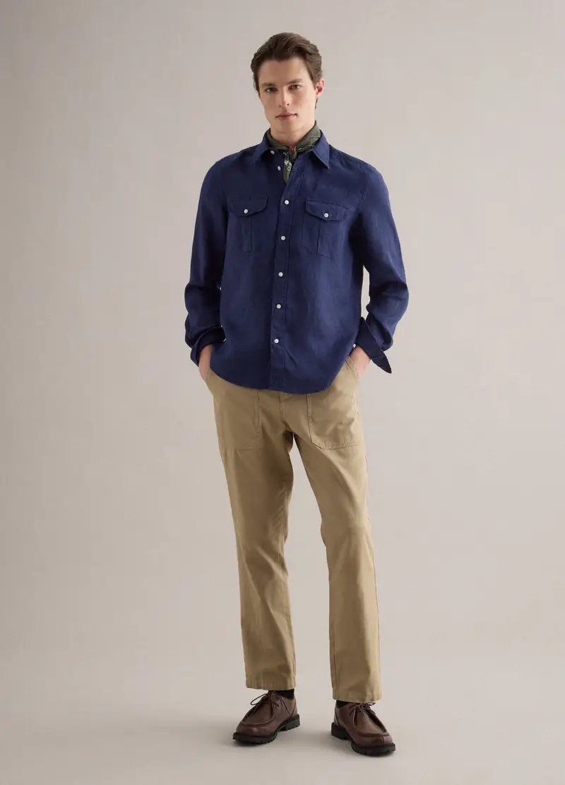 Camicia A Maniche Lunghe In Puro Lino Blu Regular Fit, Uomo, Blu miniatura 2