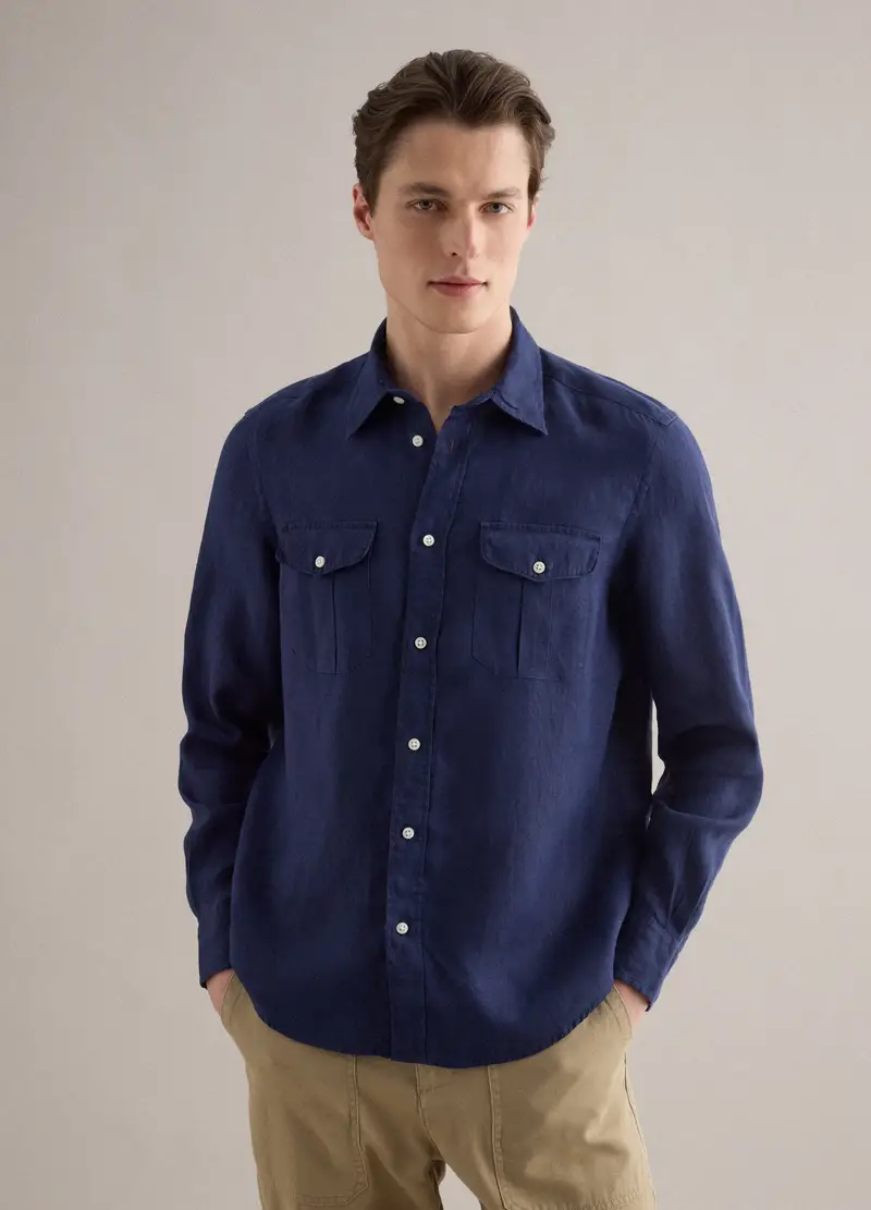 Camicia A Maniche Lunghe In Puro Lino Blu Regular Fit, Uomo, Blu miniatura 3