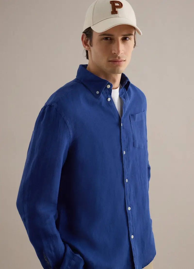 Camicia A Maniche Lunghe In Puro Lino Blu Regular Fit, Uomo, Blu miniatura 3