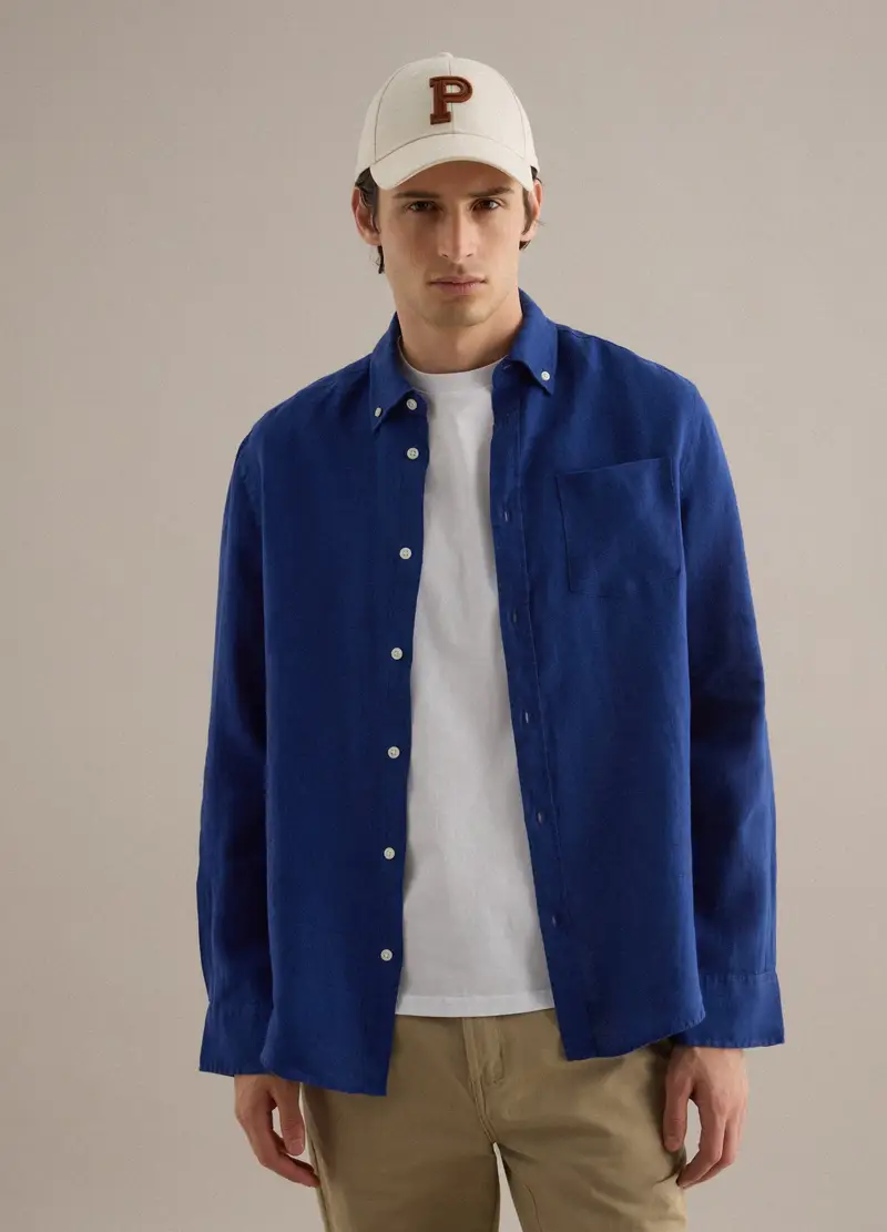 Camicia A Maniche Lunghe In Puro Lino Blu Regular Fit, Uomo, Blu