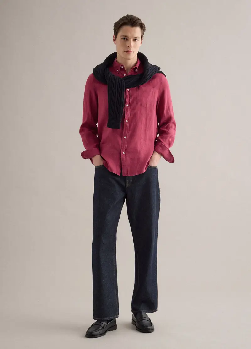 Camicia A Maniche Lunghe In Puro Lino Rossa Regular Fit, Uomo, Rosso miniatura 2