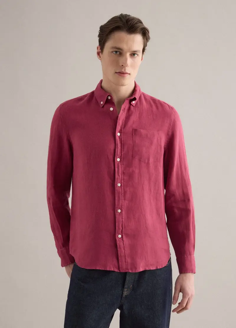 Camicia A Maniche Lunghe In Puro Lino Rossa Regular Fit, Uomo, Rosso miniatura 3