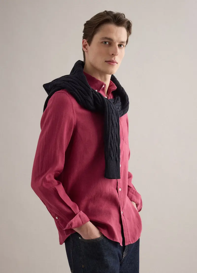 Camicia A Maniche Lunghe In Puro Lino Rossa Regular Fit, Uomo, Rosso