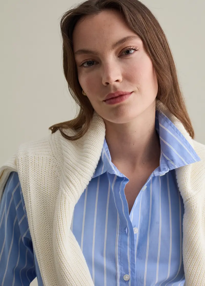 Camicia Azzurra A Righe Bianche In Puro Cotone Regular Fit, Donna, Multicolor miniatura 2