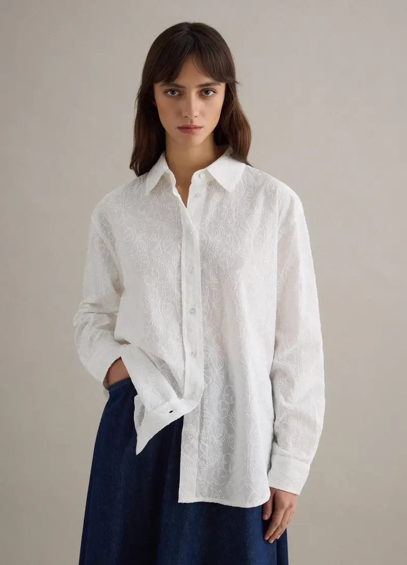Camicia Bianca In Puro Cotone Sangallo Oversize Fit, Donna, Bianco miniatura 3