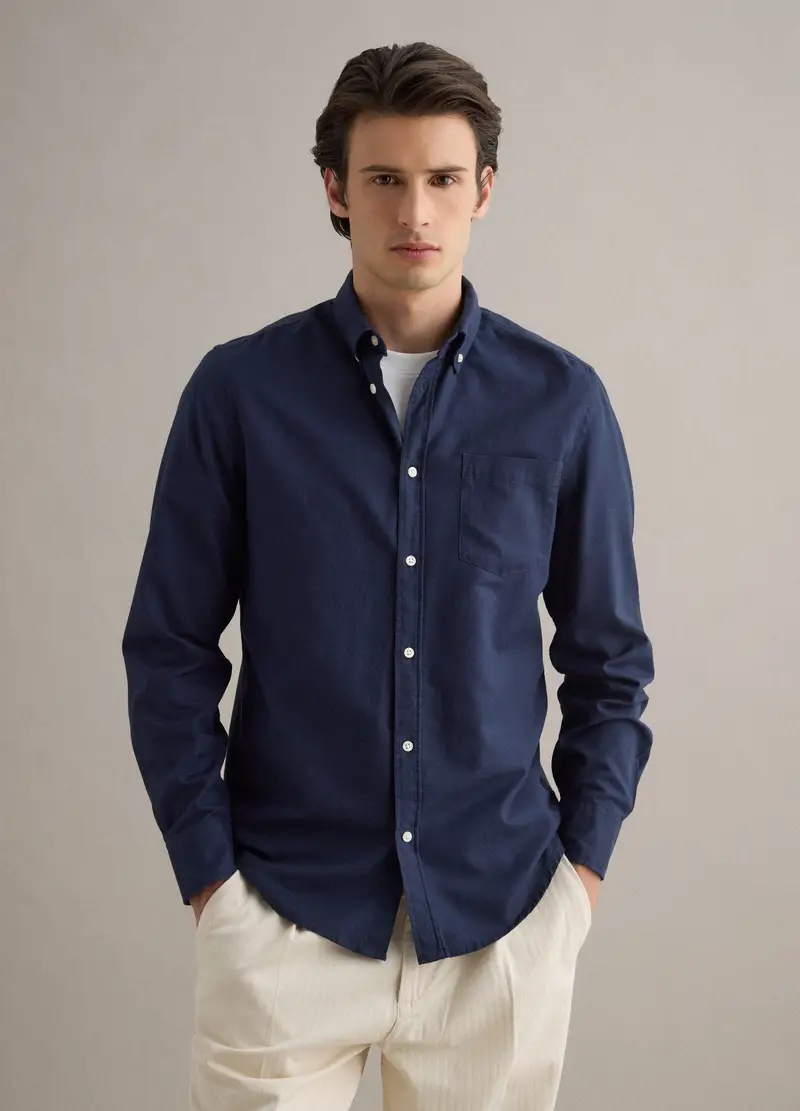 Camicia Blu A Maniche Lunghe In Puro Cotone, Uomo, Blu