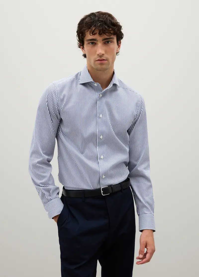 Camicia Blu A Righe In Cotone, Uomo, Bianco miniatura 2