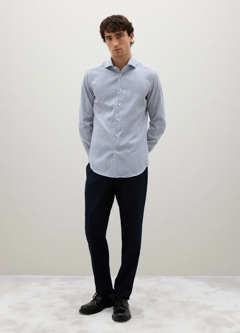 Camicia Blu A Righe In Cotone, Uomo, Bianco