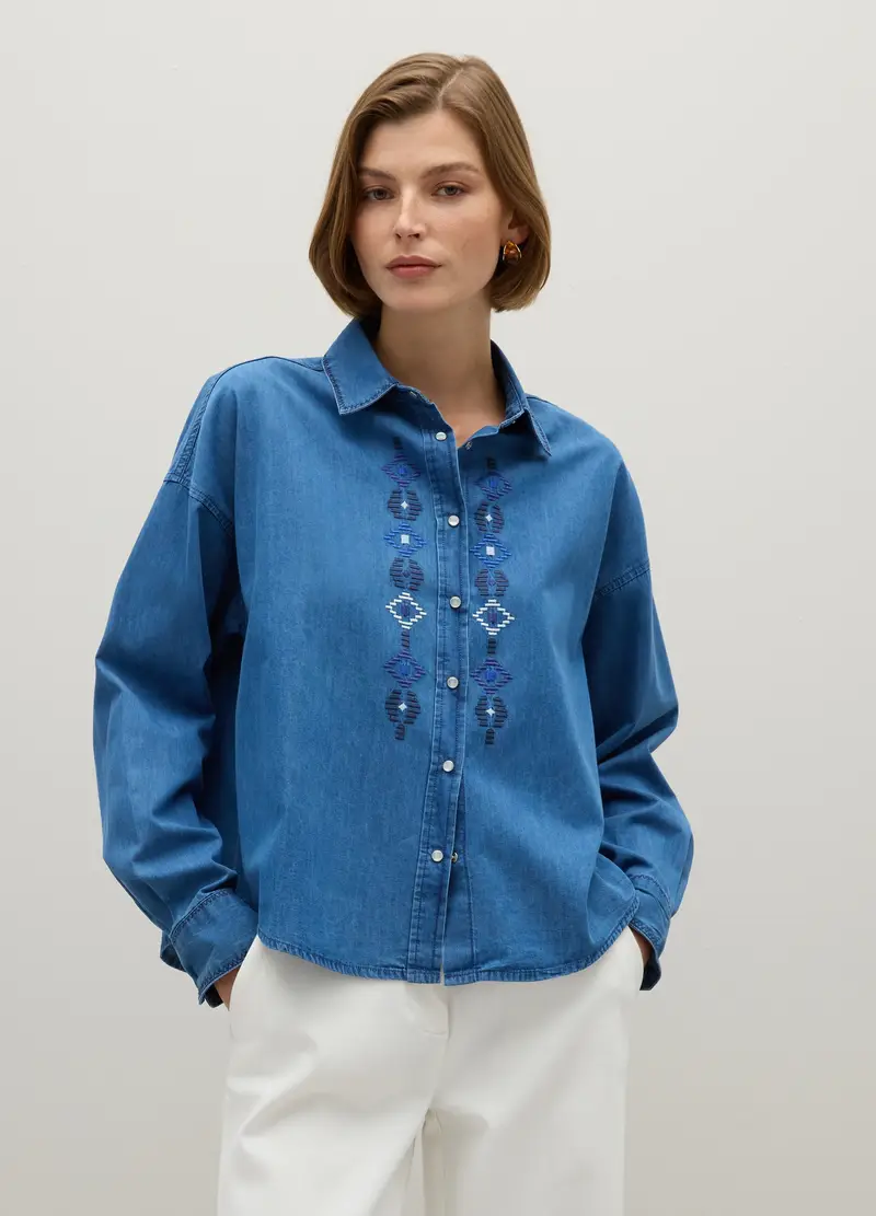 Camicia Blu In Cotone Con Ricami Geometrici, Donna, Denim miniatura 2