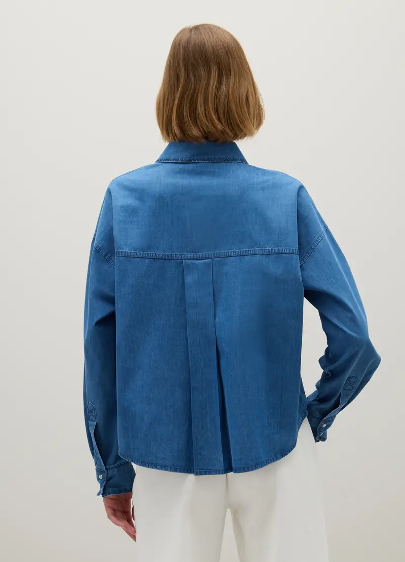 Camicia Blu In Cotone Con Ricami Geometrici, Donna, Denim miniatura 3