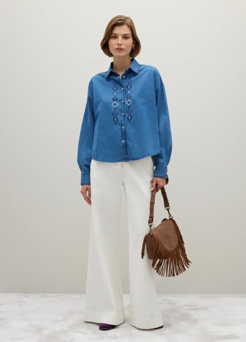 Camicia Blu In Cotone Con Ricami Geometrici, Donna, Denim