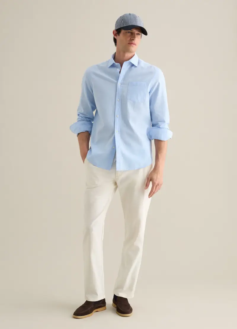 Camicia Da Uomo In Cotone E Lino Azzurra Regular Fit Con Tasca, Azzurro miniatura 2