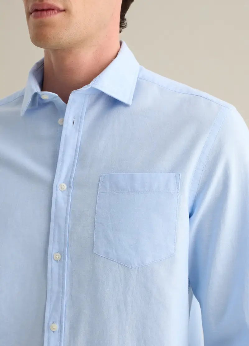 Camicia Da Uomo In Cotone E Lino Azzurra Regular Fit Con Tasca, Azzurro miniatura 3
