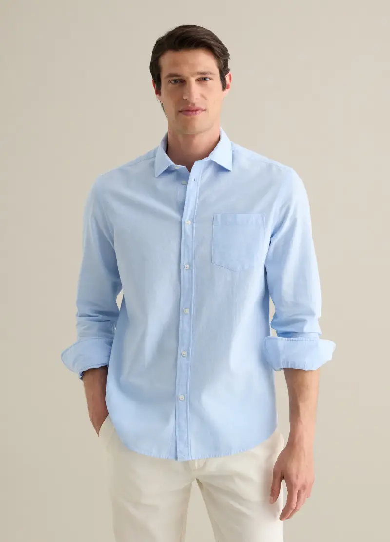 Camicia Da Uomo In Cotone E Lino Azzurra Regular Fit Con Tasca, Azzurro