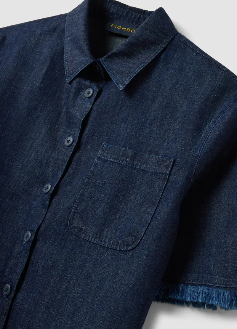 Camicia Denim Blu In Misto Cotone Oversize Fit Con Bordo Sfrangiato, Donna, Denim miniatura 2