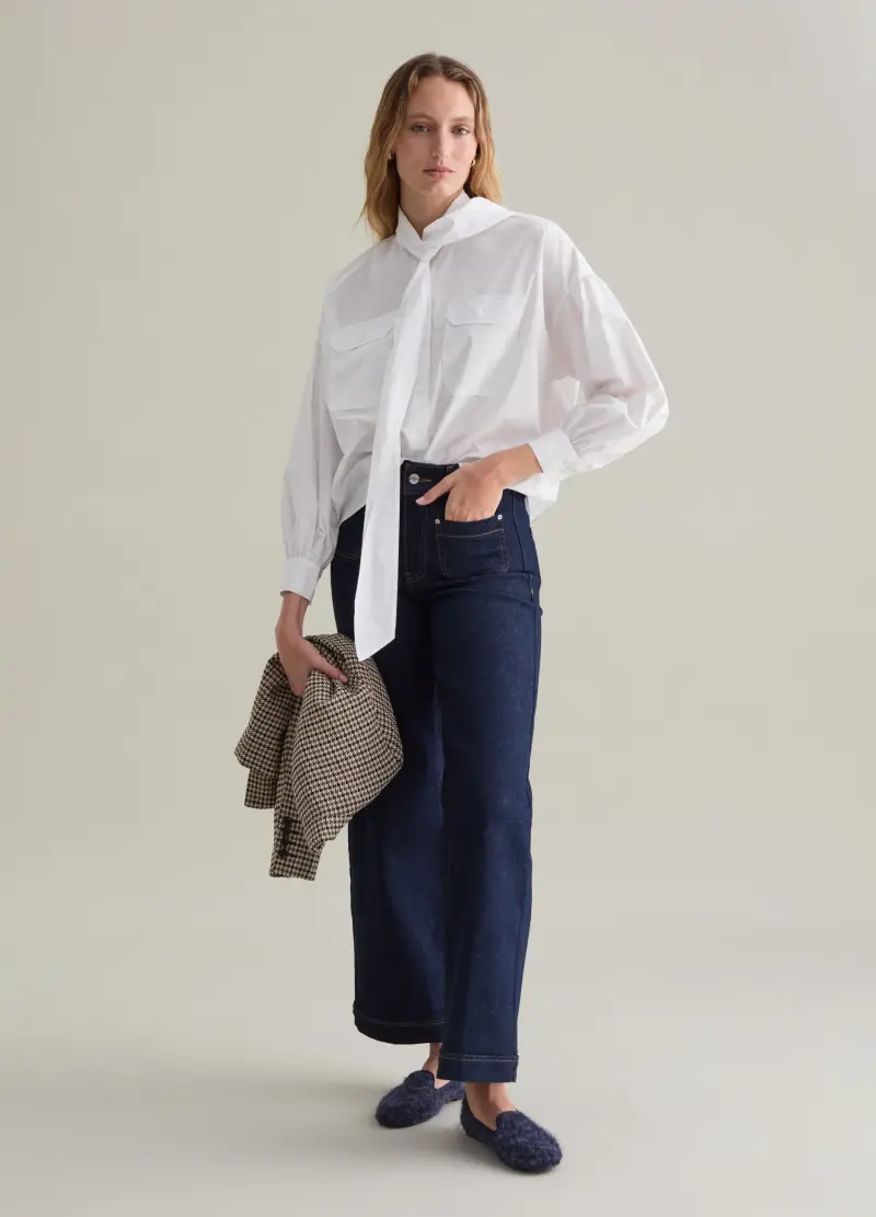 Camicia In Cotone Con Foulard A Fiocco, Donna, Bianco miniatura 3