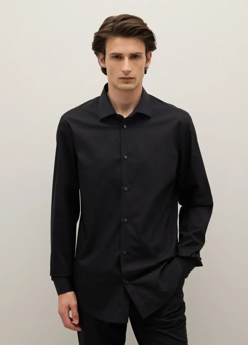 Camicia In Cotone Elasticizzato Nera Slim Fit, Uomo, Nero miniatura 2