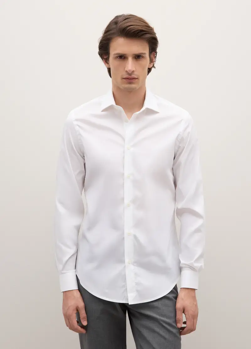 Camicia In Misto Cotone Bianca Slim Fit, Uomo, Bianco miniatura 3