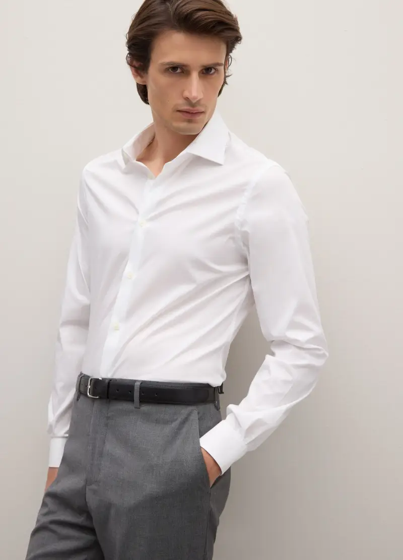 Camicia In Misto Cotone Bianca Slim Fit, Uomo, Bianco